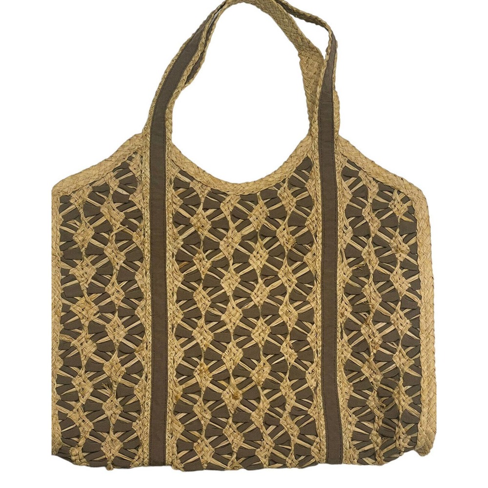 Magid Straw Tote Bag Brown Natural Woven Ribbon Double Handles Zip Beach Purse
